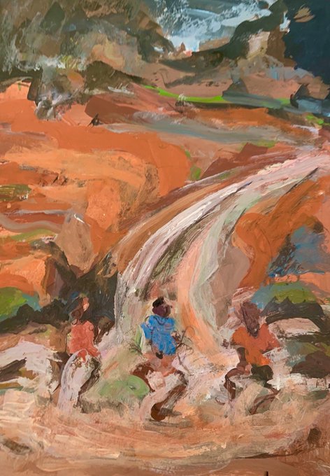 A painterly digital artwork depicting three figures navigating a rocky, canyon-like landscape with a stream flowing through orange-toned cliffs.