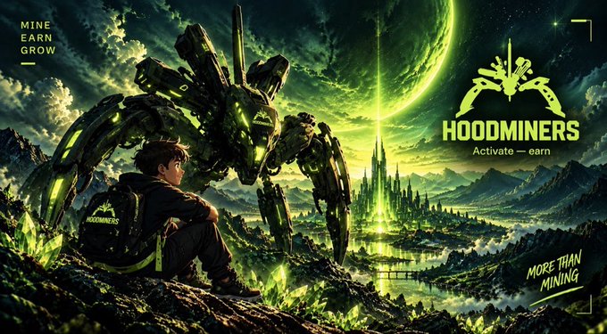 A digital advertisement for 'HOODMINERS' featuring a futuristic scene with a person sitting beside a large mech robot, with text reading 'MINE EARN GROW', 'Activate—earn', and 'MORE THAN MINING'.