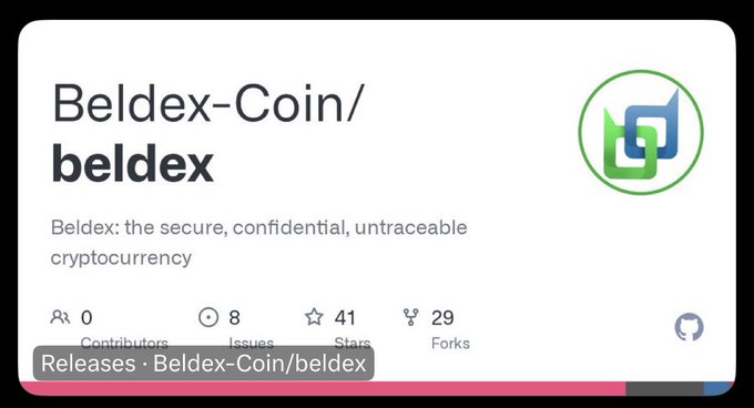 GitHub repository page for Beldex-Coin/beldex, described as 'the secure, confidential, untraceable cryptocurrency,' showing 8 issues, 41 stars, and 29 forks.