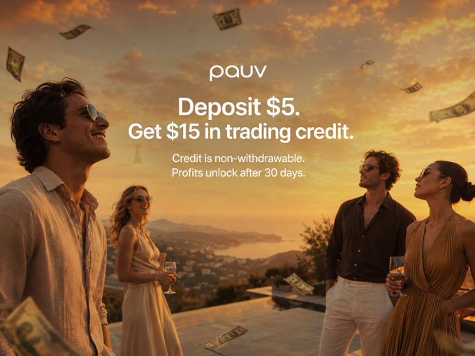 Pauv advertisement showing 'Deposit $5, Get $15 in trading credit' with the disclaimer 'Credit is non-withdrawable. Profits unlock after 30 days,' featuring people watching money fall from a sunset sky.