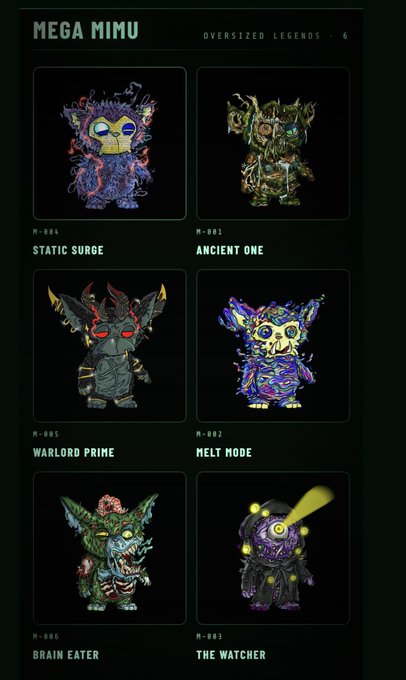 Digital art collection titled "MEGA MIMU OVERSIZED LEGENDS • 6," featuring six monster NFT characters including "M-004 STATIC SURGE," "M-002 ANCIENT ONE," and "M-003 THE WATCHER."