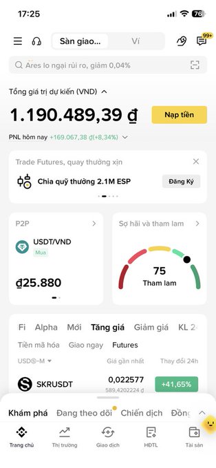 A mobile trading app screenshot in Vietnamese showing a Binance portfolio valued at 1.190.489,39 VND with USDT/VND rate at 25,880 and a 75 'Tham lam' (Greed) indicator.