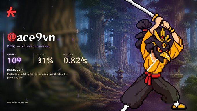 A pixel art graphic of a samurai warrior in yellow wielding a katana with the handle @ace9vn, stats showing DAMAGE 109, ARMOR 31%, and ATTACKS 0.82/s for an EPIC Golden Yatagarasu.