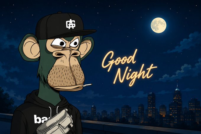 A cartoon monkey character with a beard, wearing a black cap with a symbol and a hoodie, holding a cup against a night sky background with a full moon and city skyline, alongside the text 'Good Night'.