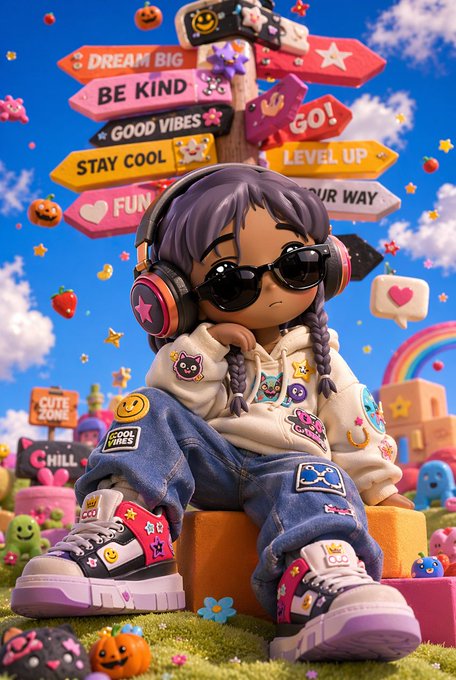 The image features a cartoon girl wearing sunglasses, headphones, and a white hoodie with various stickers on her legs. She has a pair of purple shoes that match her outfit. The background includes a signpost with multiple signs written in different languages, including "dream big", "be kind", "good vibes", "stay cool", "go!", and "level up".