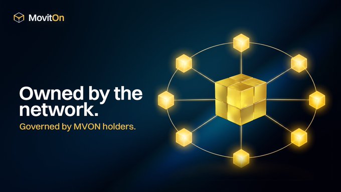 Advertisement for MovitOn featuring a golden cube connected to smaller cubes in a network, with the text "Owned by the network. Governed by MVON holders."