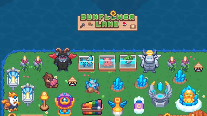 The image is a promotional graphic for the game "Sunflower Land," featuring a pixel-art style banner logo above a showcase of various in-game assets including characters, resources like blue crystals and golden flowers, and decorative items. It relates to the post by visually previewing content from the new "Chapter 15: Ascension Age" adventure, hinting at the new game elements and rewards players can expect.