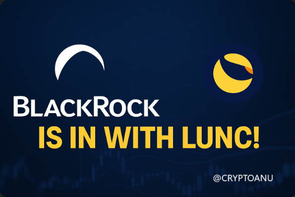 The image features the BlackRock logo alongside the Luna Classic (LUNC) cryptocurrency logo on a dark background with the text "BLACKROCK IS IN WITH LUNC!" and "@CRYPTOANU" credit. It visually supports the post's breaking news about rumors that BlackRock is showing interest in $LUNC.