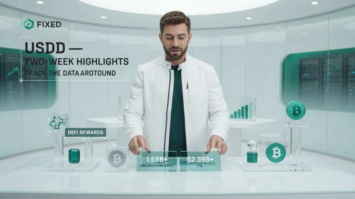 A promotional graphic featuring a man in a white lab coat standing in a futuristic control room with the 'FIXED' logo. The text reads 'USDD — TWO-WEEK HIGHLIGHTS' and 'TRACK THE DATA AROUND,' with cryptocurrency-themed displays showing '1.68B+ USDD CIRCULATING SUPPLY' and '$2.39B+ TVL' next to Bitcoin icons and a 'DEFI REWARDS' label.