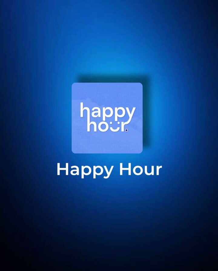 The image features a blue square that says "Happy Hour" written in white letters, surrounded by a gradient of blue light. The background is dark blue, which contrasts with the lighter blue square. Below the square, there's text that reads "What's Happy Hour? this is a comsumer app on @baseapp → hourly USDC raffles → seasonal USDC rewards → fair balanced point system → luck-based with chance for everyone Earn. Play. Win." The image also includes a watermark in the bottom right corner, which says "@baseapp".