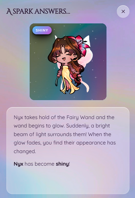 A screenshot from a game titled 'A SPARK ANSWERS...' shows a character named 'Nyx' with a pink bow who has become 'shiny' after a Fairy Wand glow.