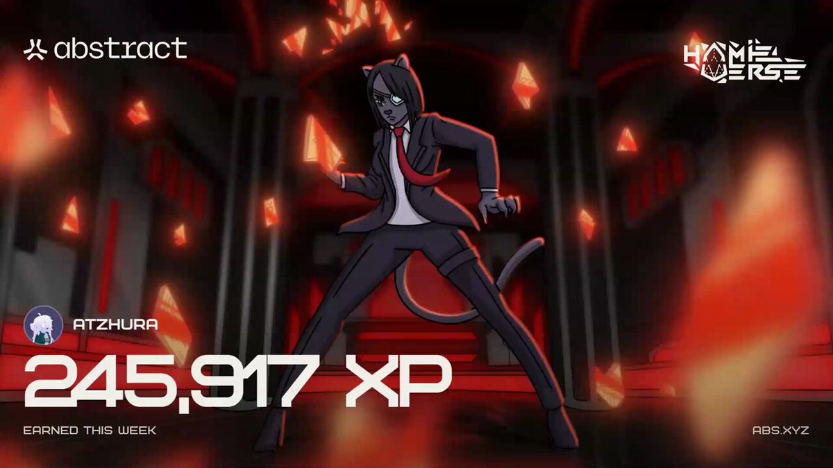 The image features an anime character with a cat's face wearing a suit and tie standing in front of a red brick building. The character has a sword in their hand, and there are many falling stars around them. The text in the image reads "@AbstractChain This week I tried Bakery, I was out of liquidity for a week !!! Don't forget to use your XP card from @hamieverse !!! XP! XP! XP!".