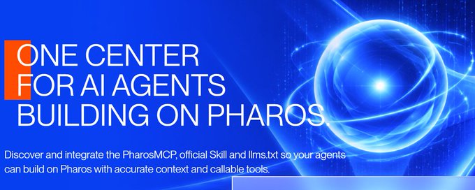 A promotional graphic with a blue glowing orb background displaying the text 'ONE CENTER FOR AI AGENTS BUILDING ON PHAROS,' promoting PharosMCP and llms.txt for AI agent development.