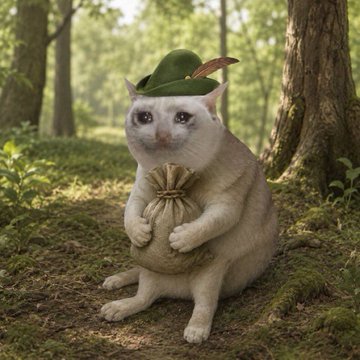 A white cat wearing a green Robin Hood-style hat sits in a forest holding a tied sack, appearing as the mascot for the $CASHCAT token. The image playfully illustrates the Robinhood post's mention of $CASHCAT among the meme coins gaining traction on the platform's launchpads.