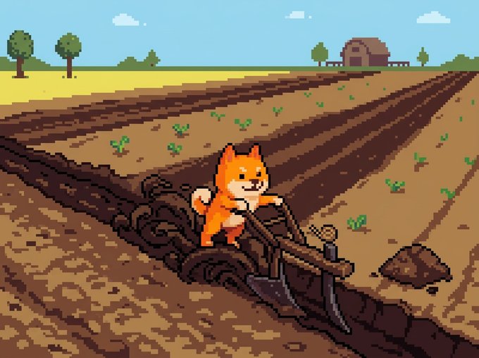 Pixel art illustration of an orange Shiba Inu dog dressed as a farmer, riding it through tilled crop fields with a barn visible in the background.