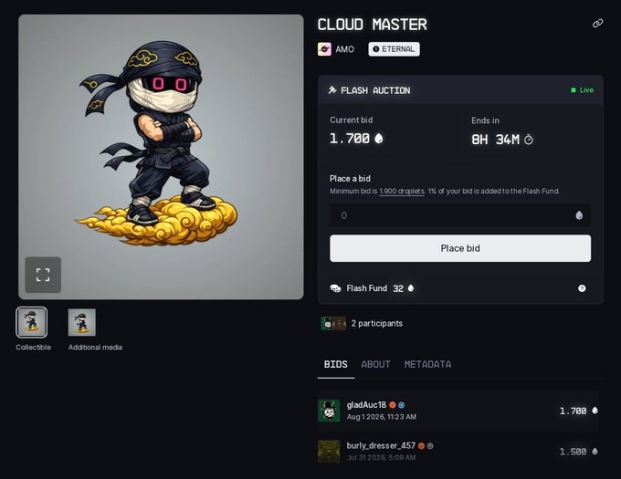An NFT auction page for a "CLOUD MASTER" collectible on the AMO platform (ETERNAL), showing a current bid of 1.700, an ending timer, and recent bids by gladAuc18 and burly_dresser_457.