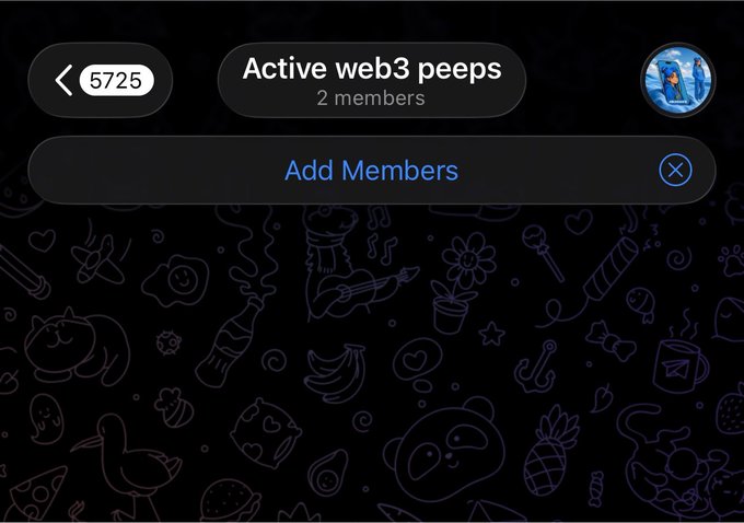A Telegram group titled "Active web3 peeps" with 2 members and an "Add Members" button, aligning with the post about building a web3 community for sharing alpha and job opportunities.