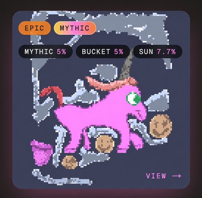 A "Mythic" rarity card tagged as "EPIC" and "MYTHIC" displays a pink pixel-art unicorn alongside coin tokens, with drop-rate stats showing MYTHIC 5%, BUCKET 5%, and SUN 7.7%, celebrating the user's successful pull of an Epic Mythic creature in the gacha game on the $FUNI platform.