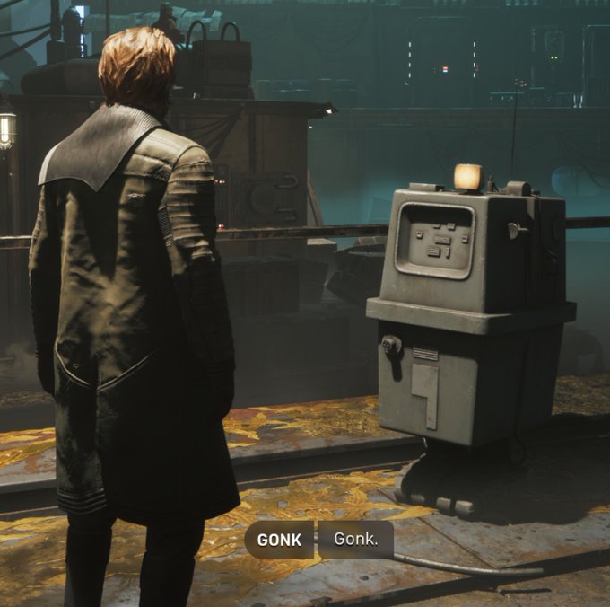 Video game screenshot showing a character with red hair in a brown coat facing a droid labeled 'GONK' with dialogue text 'Gonk.'