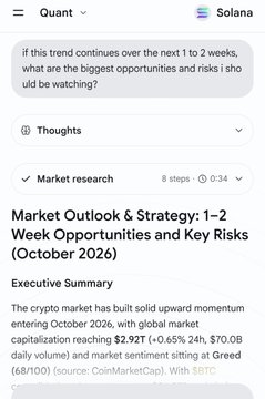 A screenshot of the Quant AI app showing a 'Market Outlook & Strategy: 1-2 Week Opportunities and Key Risks (October 2026)' report, noting that the crypto market has built solid upward momentum entering October 2026 with global market capitalization reaching $2.92T.