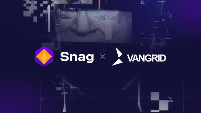 The image features a logo for Snag, which is a cryptocurrency exchange platform. The logo includes a purple hexagon with an "X" inside of it, accompanied by the words "Snag" written below it. Below this, there's a white text that reads "Vangrid". This suggests that Snag and Vangrid are collaborating to create a more accurate and resilient decentralized perception grid for artificial intelligence applications.
