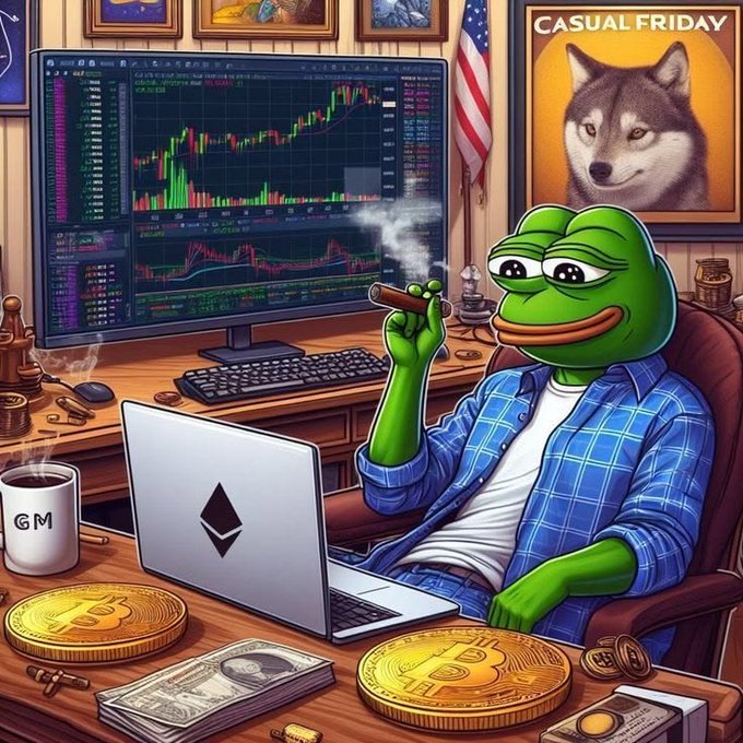 An illustration of the Pepe the Frog character wearing a blue plaid shirt, sitting at a desk with a laptop displaying the Ethereum logo, smoking a cigar, with trading charts, gold coins, and a 'Casual Friday' portrait of a Shiba Inu dog in the background.