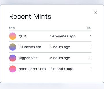 A screenshot of a 'Recent Mints' digital interface showing entries: @TK (19 minutes ago, qty 1), 100series.eth (2 hours ago, qty 1), @gpebbles (5 hours ago, qty 2), and addresszero.eth (2 months ago, qty 1).