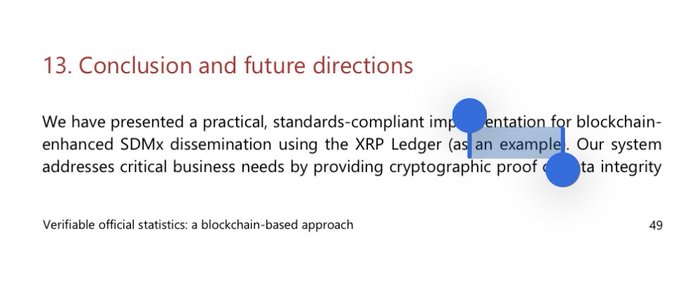 A presentation slide titled '13. Conclusion and future directions' discussing a blockchain-enhanced SDMx dissemination system using the XRP Ledger, partially obscured by a blue logo overlay. The footer reads 'Verifiable official statistics: a blockchain-based approach' with page number 49.