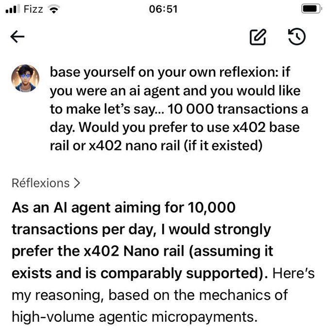 A mobile screenshot of a social media post asking an AI agent whether it would prefer x402 base rail or x402 nano rail for 10,000 transactions a day, with the AI's response beginning that it would prefer the x402 Nano rail.