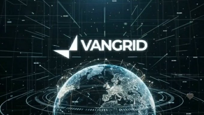 A digital graphic displaying the 'VANGRID' logo with a stylized 'V' symbol, set against a dark background featuring a glowing, wireframe globe.