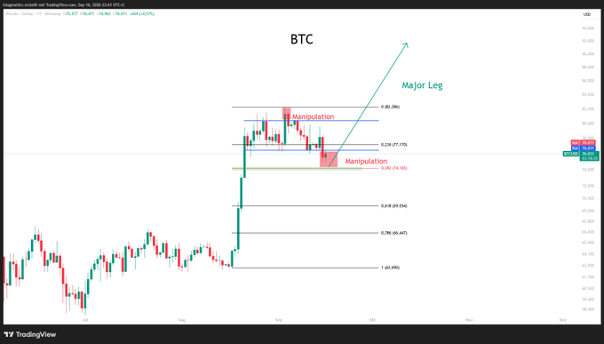 A BTC/USD daily chart from TradingView (dated Jan 16, 2025) showing price action around $76,841, annotated with Fibonacci levels (0.382, 0.5, 0.618, 0.786, 1) and two marked "Manipulation" zones, with a green arrow projecting a "Major Leg" upward, illustrating the poster's bullish outlook for a significant upward move.