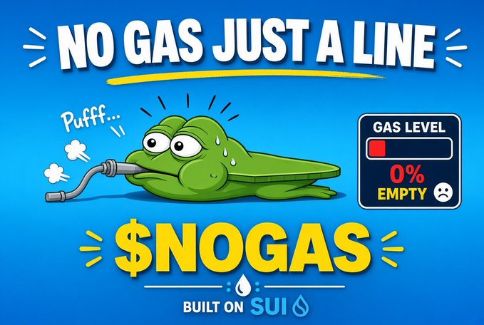 A cartoon green frog sits with a deflated, flat body while attempting to "Puff..." through a hose, next to a gas gauge reading "0% EMPTY," promoting the meme coin "$NOGAS" with the tagline "NO GAS JUST A LINE" and noting it is "BUILT ON SUI." The image visually plays on the joke that despite trying to pump itself up, the frog remains flat—mirroring the coin's "no gas" humor and its upcoming presale on blast.fun.