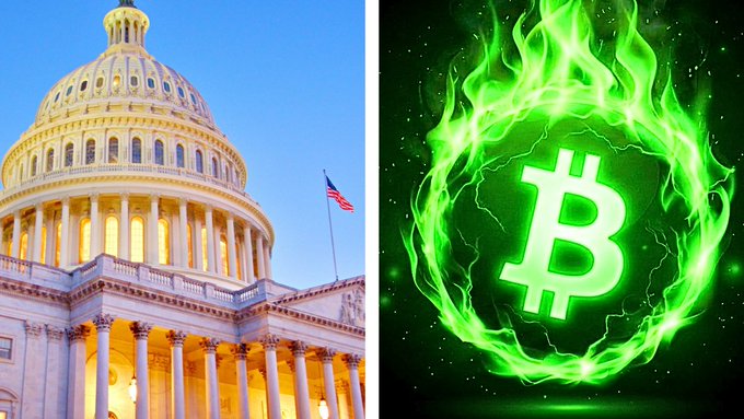 A split image showing the illuminated U.S. Capitol building with an American flag on the left, and a glowing green Bitcoin symbol surrounded by flames on the right.
