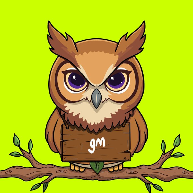 A cartoon illustration of a brown owl with large purple eyes perched on a tree branch, holding a wooden sign reading 'gm' against a green background.