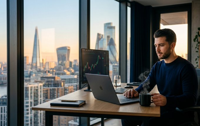 A man sits at a wooden desk working on a silver laptop while holding a black mug of steaming coffee, with a monitor displaying a stock chart and a city skyline visible through floor-to-ceiling windows.