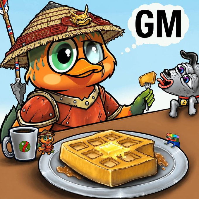 A cartoon illustration of a sweat-droplet-eyed orange turtle-like character in samurai armor eating a large waffle, with a thought bubble saying 'GM' and a small dog beside him.