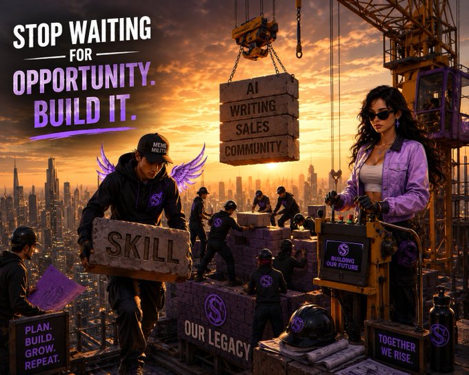A motivational digital artwork featuring workers constructing a building with blocks labeled "AI," "WRITING," "SALES," and "COMMUNITY," alongside text reading "STOP WAITING FOR OPPORTUNITY. BUILD IT." and slogans like "OUR LEGACY" and "PLAN. BUILD. GROW. REPEAT."