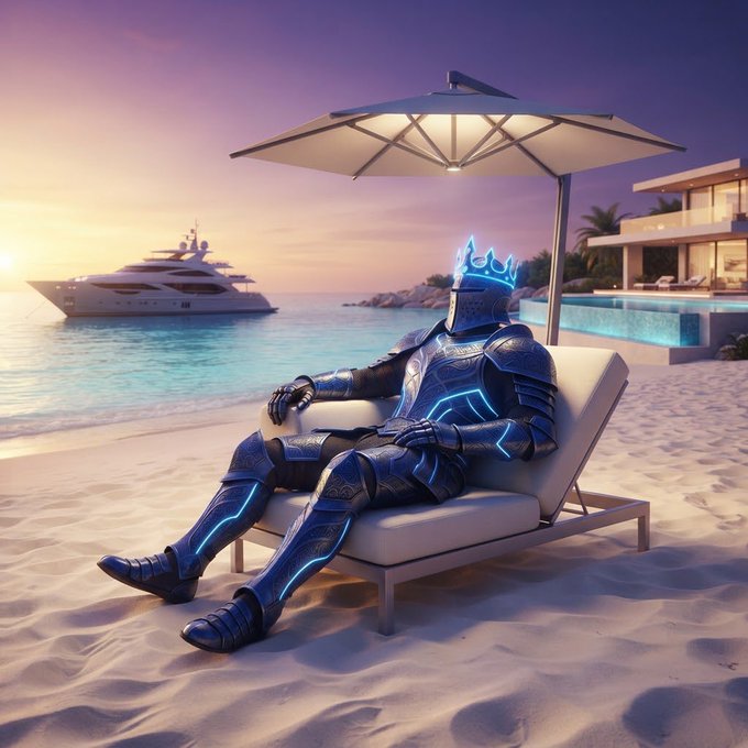 A blue-armored knight with glowing accents relaxes on a beach lounge chair under an umbrella, with a luxury yacht and a modern villa visible in the background at sunset.