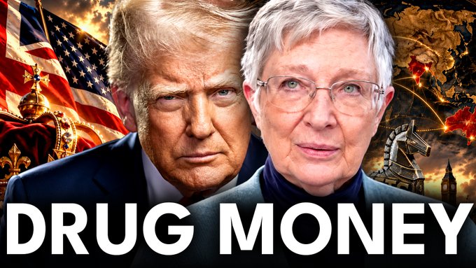 The image is a YouTube thumbnail featuring Donald Trump and an older woman with glasses, with an American flag, a crown, and a map of China in the background, and bold text reading "DRUG MONEY" at the bottom. It promotes TFTC episode 799 with guest @sjkokinda, visually evoking the discussion's themes of geopolitical power struggles (Trump vs. London), empire and central banking, and global conflicts including Iran.