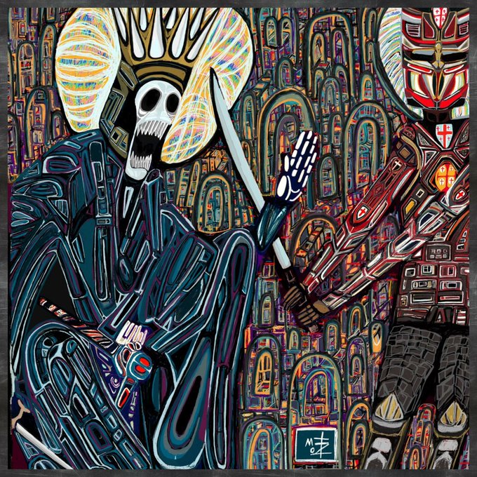 A colorful, intricate painting features stylized figures, including one with a skull mask and another in armor, set against a background of arches. A signature 'M.T.C' is visible in the bottom right corner.
