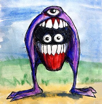 A whimsical watercolor and ink painting of a purple monster with two large wide eyes, a wide grinning mouth full of sharp teeth, and a single eye on top of its head, set against a blue sky and green grass background.