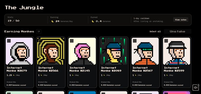 A web interface called 'The Jungle' showing pixel-art 'Internet Monke' NFTs with earning rates displayed in bananas per day.