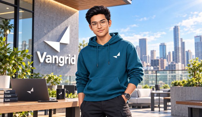 A stylized promotional image features a young man in a teal hoodie standing in a modern rooftop setting with a city skyline, next to a 'Vangrid' logo on a wall and a laptop on a table.
