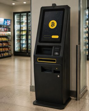 A black cryptocurrency ATM kiosk displaying the Bitcoin logo is positioned inside a convenience store near refrigerated drink cases, illustrating the growing presence of crypto ATMs in everyday retail locations. The image relates to the CFTC's warning about the immediacy and irreversibility of such transactions, highlighting why users should research these machines before conducting transactions.