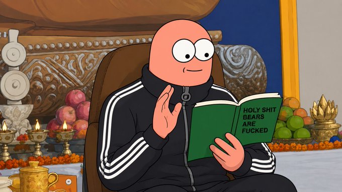 A cartoon character sitting in a decorated shrine-like setting, reading a green book titled 'HOLY SHIT BEARS ARE FUCKED,' surrounded by offerings of fruit, candles, and ornate decorations.