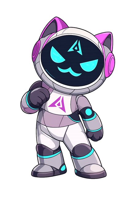 A cartoon astronaut character in a white spacesuit with pink and cyan accents, featuring a black helmet with glowing cyan eyes and an angular logo on its chest.