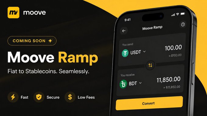 The image features a cell phone with an app displayed, which appears to be related to cryptocurrency trading or currency conversion. The text on the screen reads "Afternoon Guys. One of the upcoming features I'm most excited about from @moovexyz is Moove Ramp". This suggests that there might be a new feature or update in the app that will make it easier for users to convert between different types of currencies, such as local and stablecoins, without having to use multiple apps or go through complicated processes.