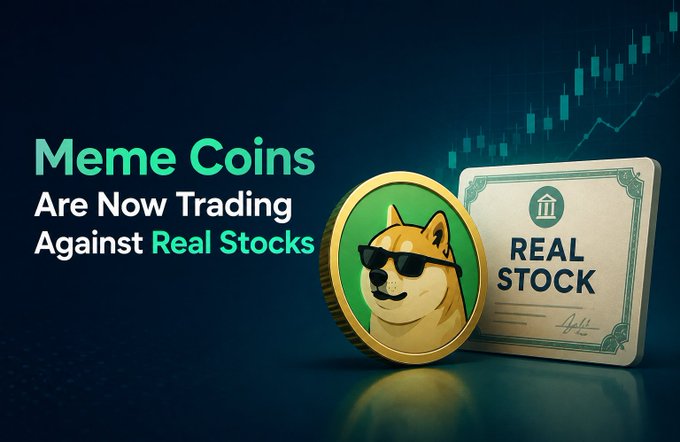 A promotional graphic with text reading 'Meme Coins Are Now Trading Against Real Stocks', featuring a Shiba Inu dog coin wearing sunglasses next to a 'REAL STOCK' certificate.