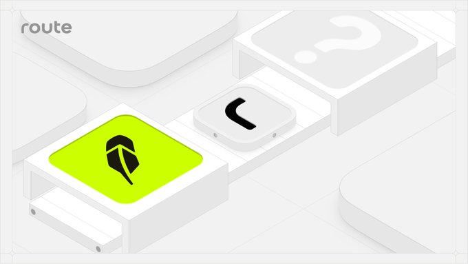 A minimalist isometric digital illustration features a 3D grid of white platform tiles, with a bright lime green tile in the foreground displaying a black road/path icon with a directional arrow, alongside a gray tile showing a curved path symbol and a question mark tile, visually representing the concept of "new routes" and unknown paths as suggested by the accompanying text "Same roots. New routes."