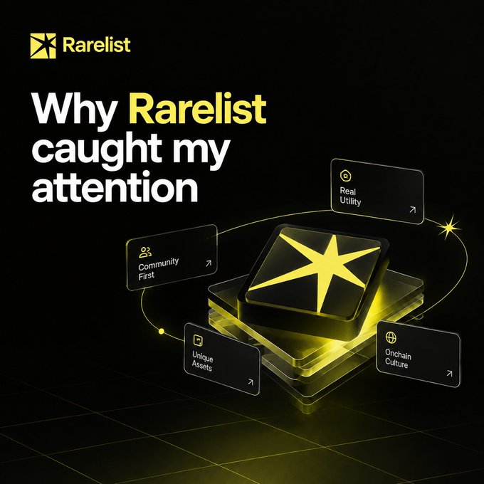 A promotional graphic for 'Rarelist' with the headline 'Why Rarelist caught my attention', highlighting features like Real Utility, Community First, Unique Assets, and On-chain Culture.